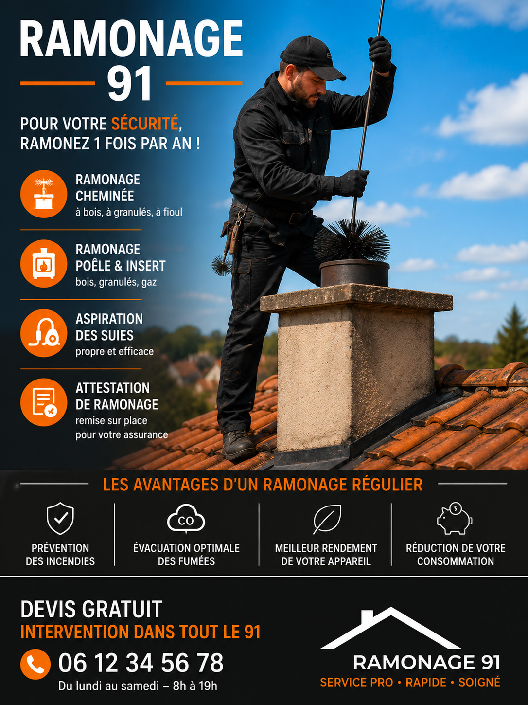 Ramonage de cheminée à Sainte-Geneviève-des-Bois (91700) et dans l’Essonne (91)